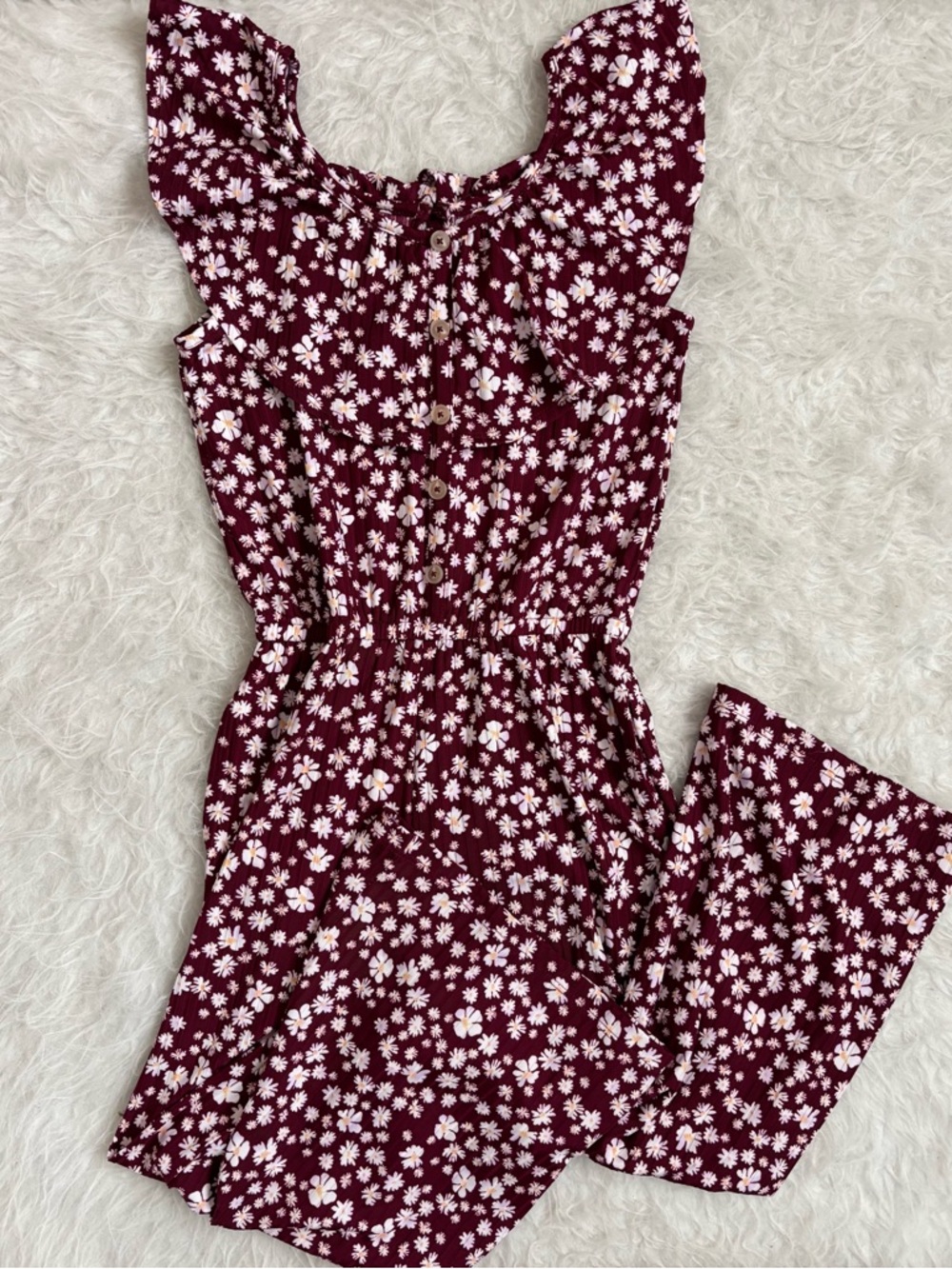 Justice Girls Burgundy Ditzy Floral Wide Leg Stretchy Romper